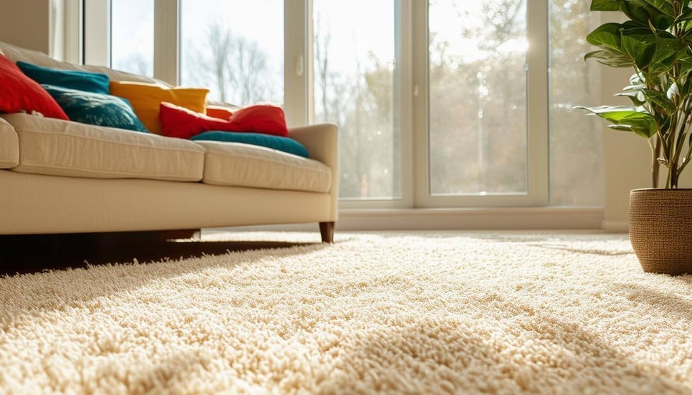 A bright and inviting living room features a plush, creamcolored carpet that stretches across the floor, its fibers slightly tousled-4