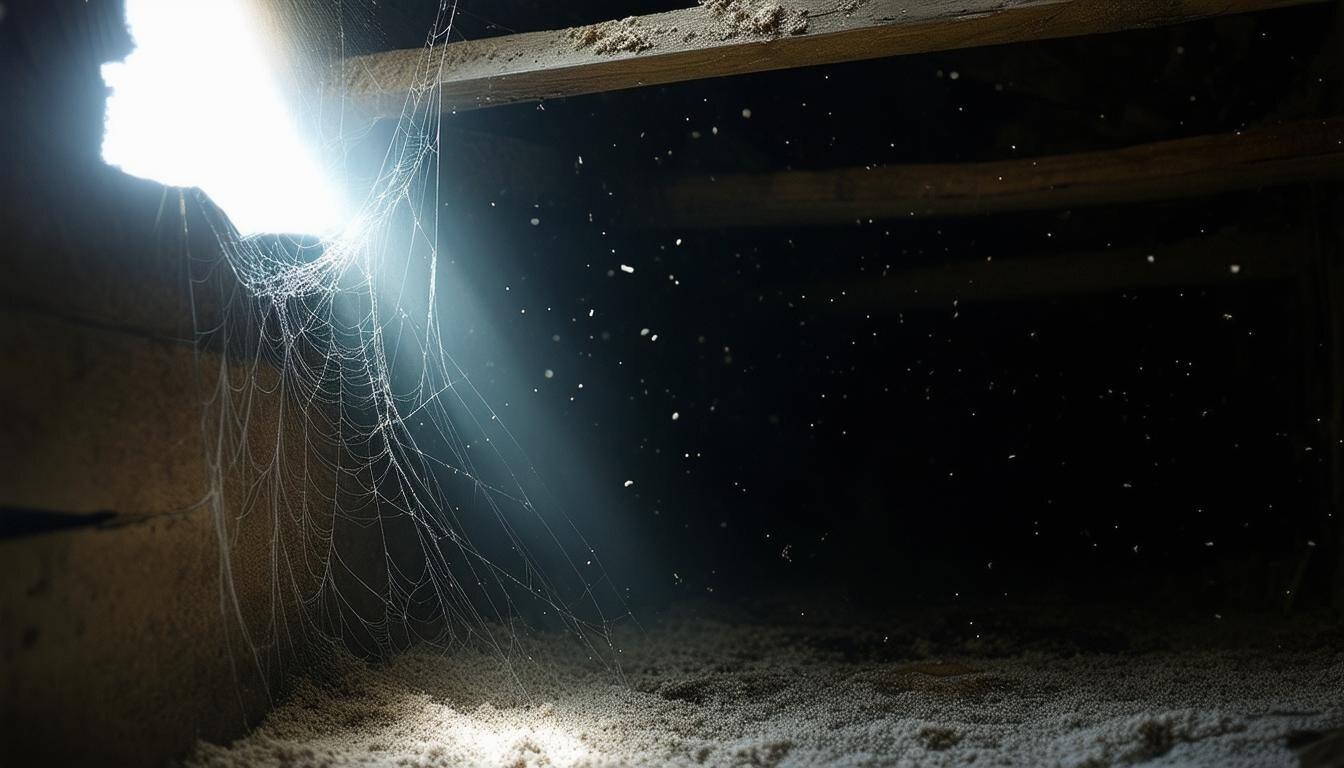 A crawl space with white dust particles and cobwebs.