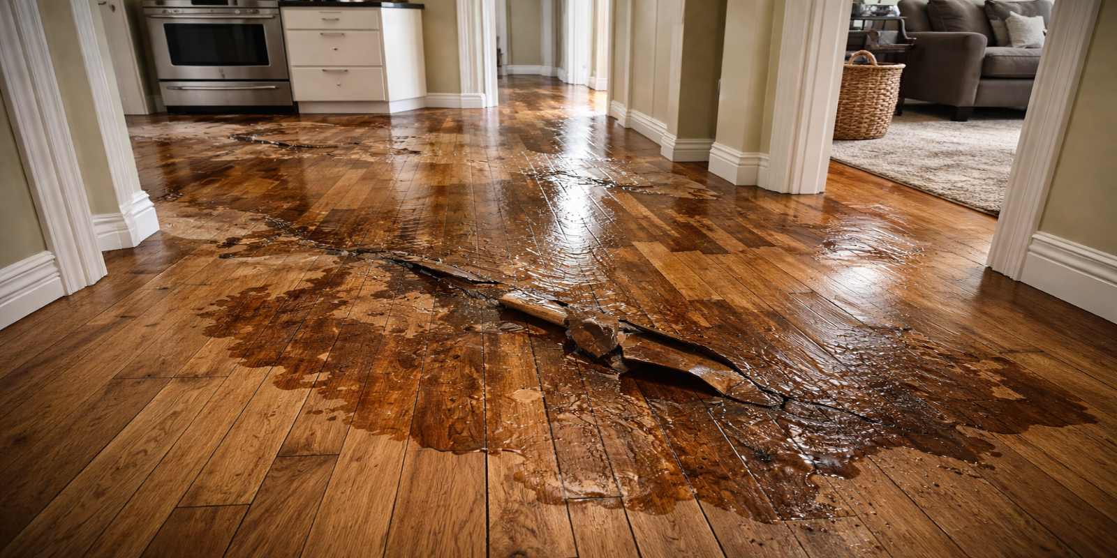 Hardwood floor damaged by water leak.