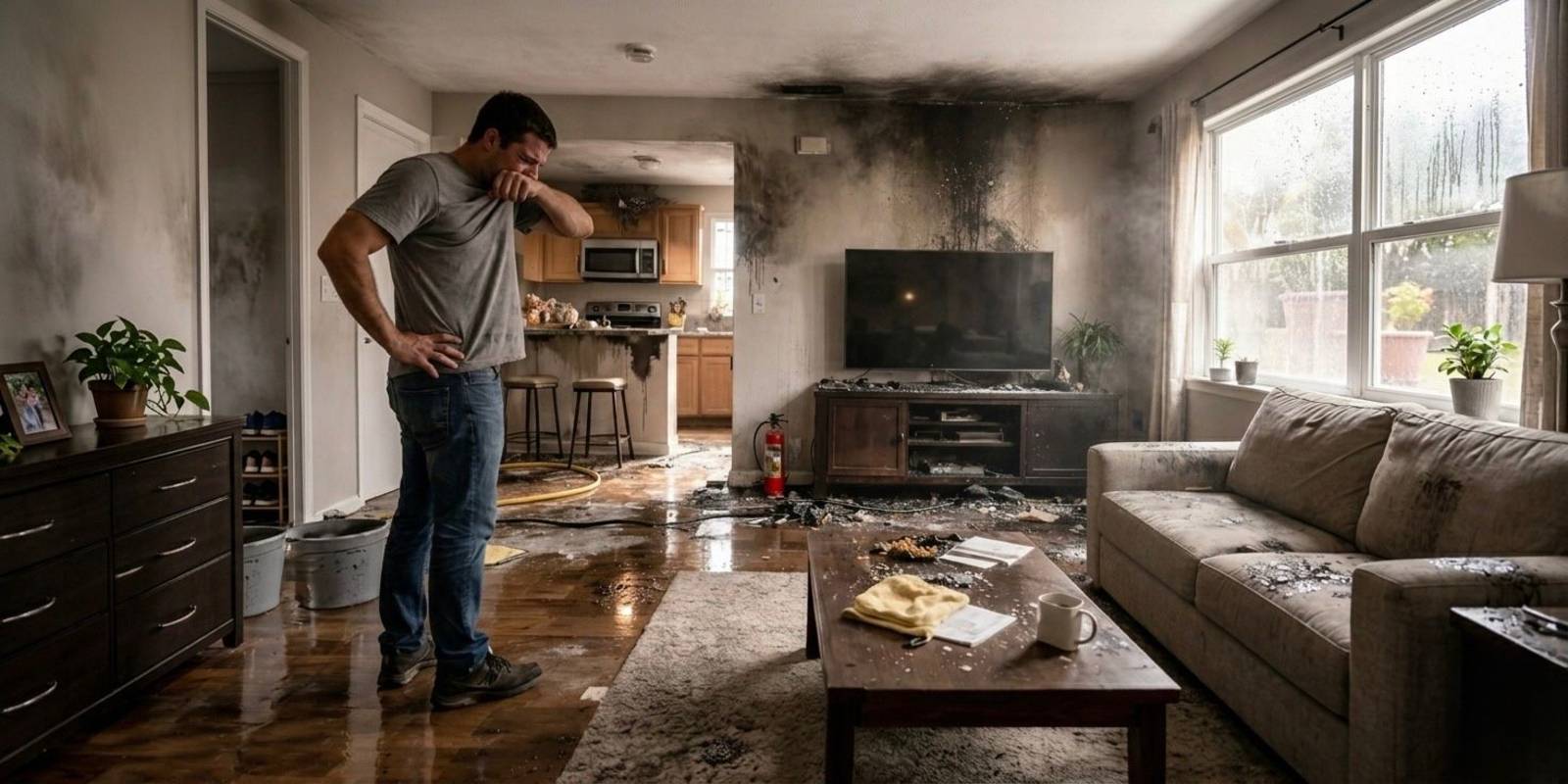 A man covering his face because of smoke odor in his home.