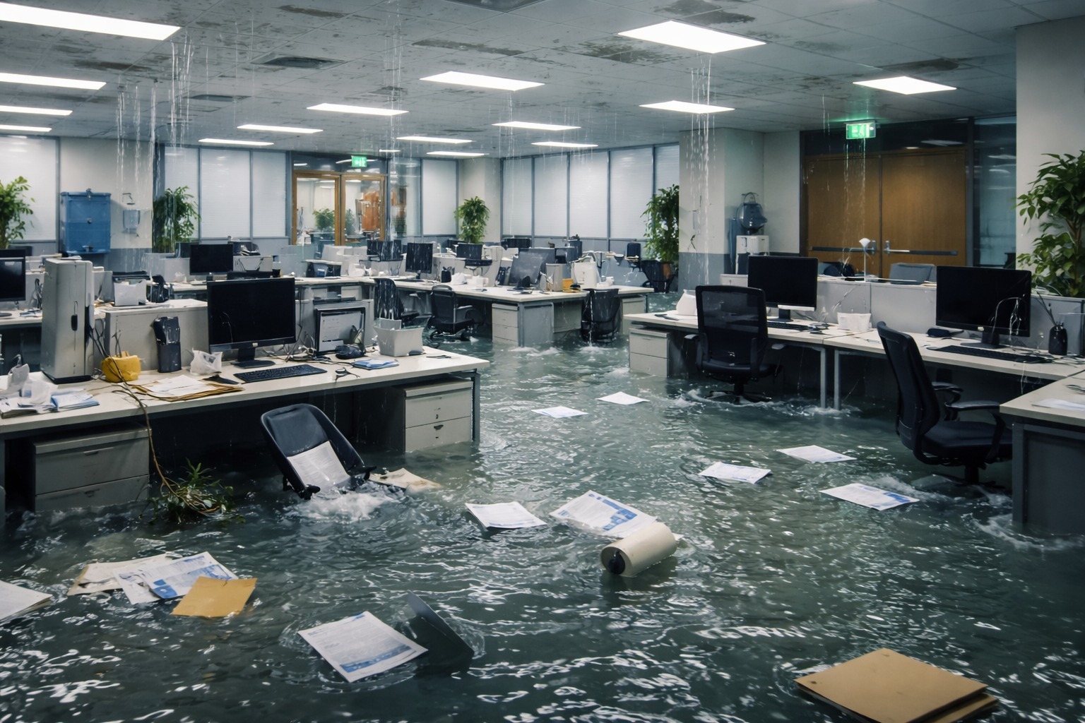 Commercial office affected by water damage.