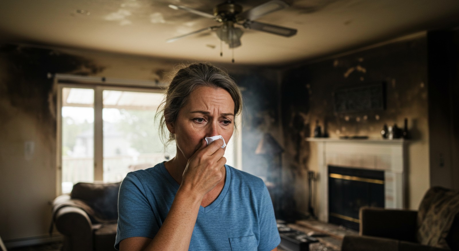 A woman with handkerchief in a living room after fire damage.