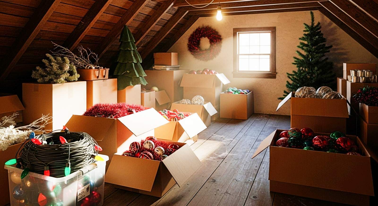 An attic with cardboard boxes with decorations