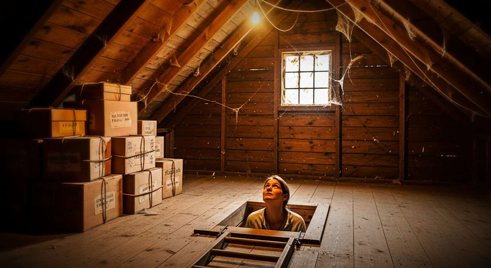 A person looking up at at their attic.