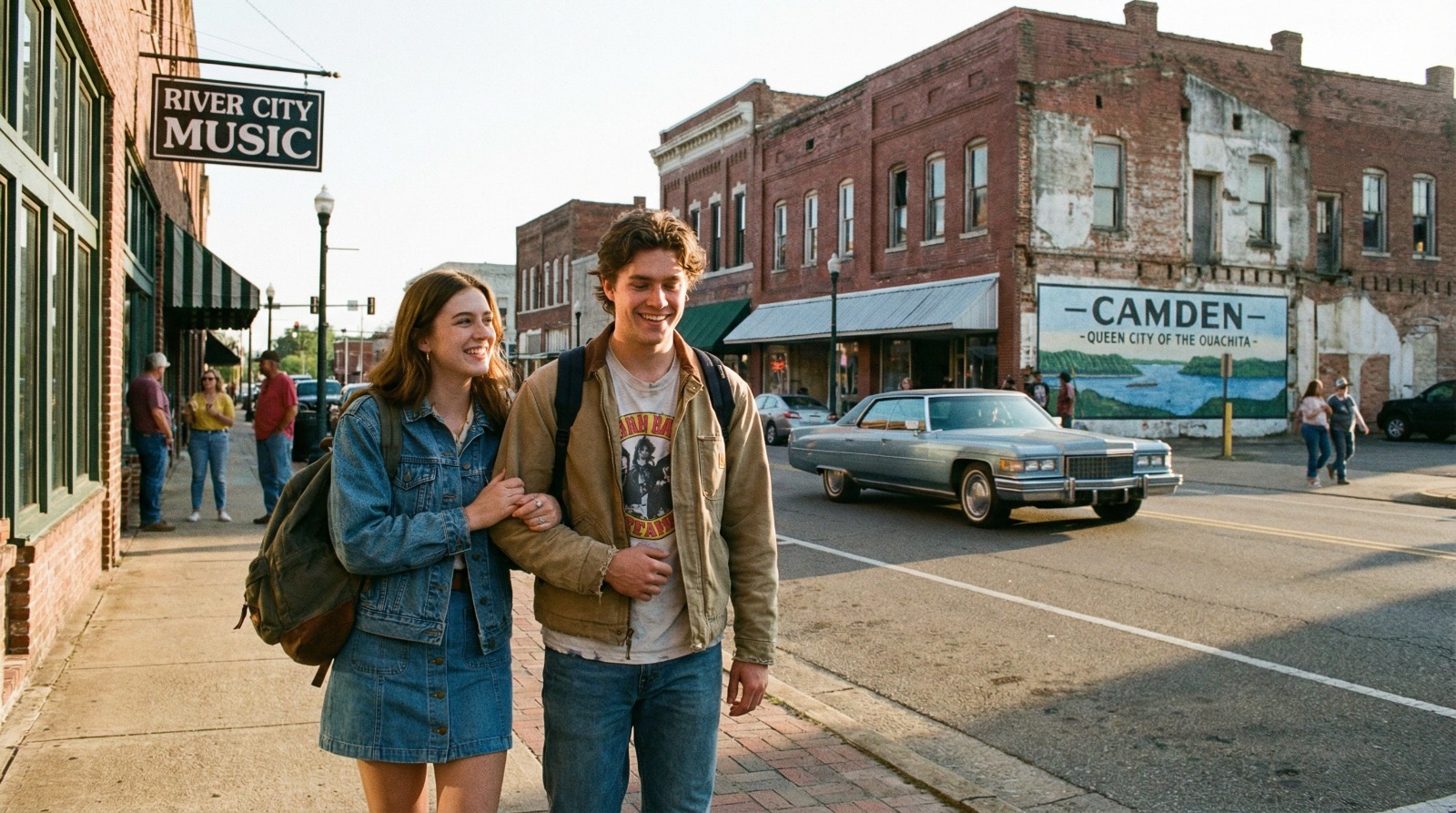 A couple walking around Camden's downton, in Arkansas.