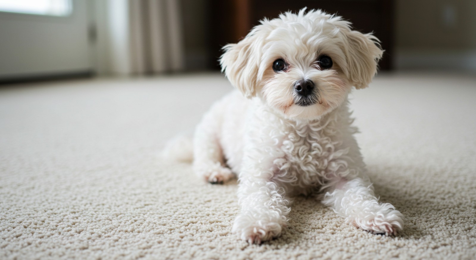 A dog sitting on top of carpet flooring.