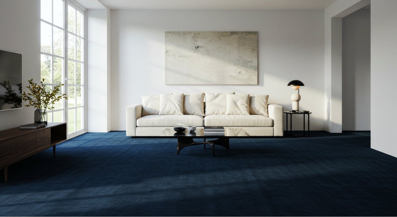A living room with carpet flooring.
