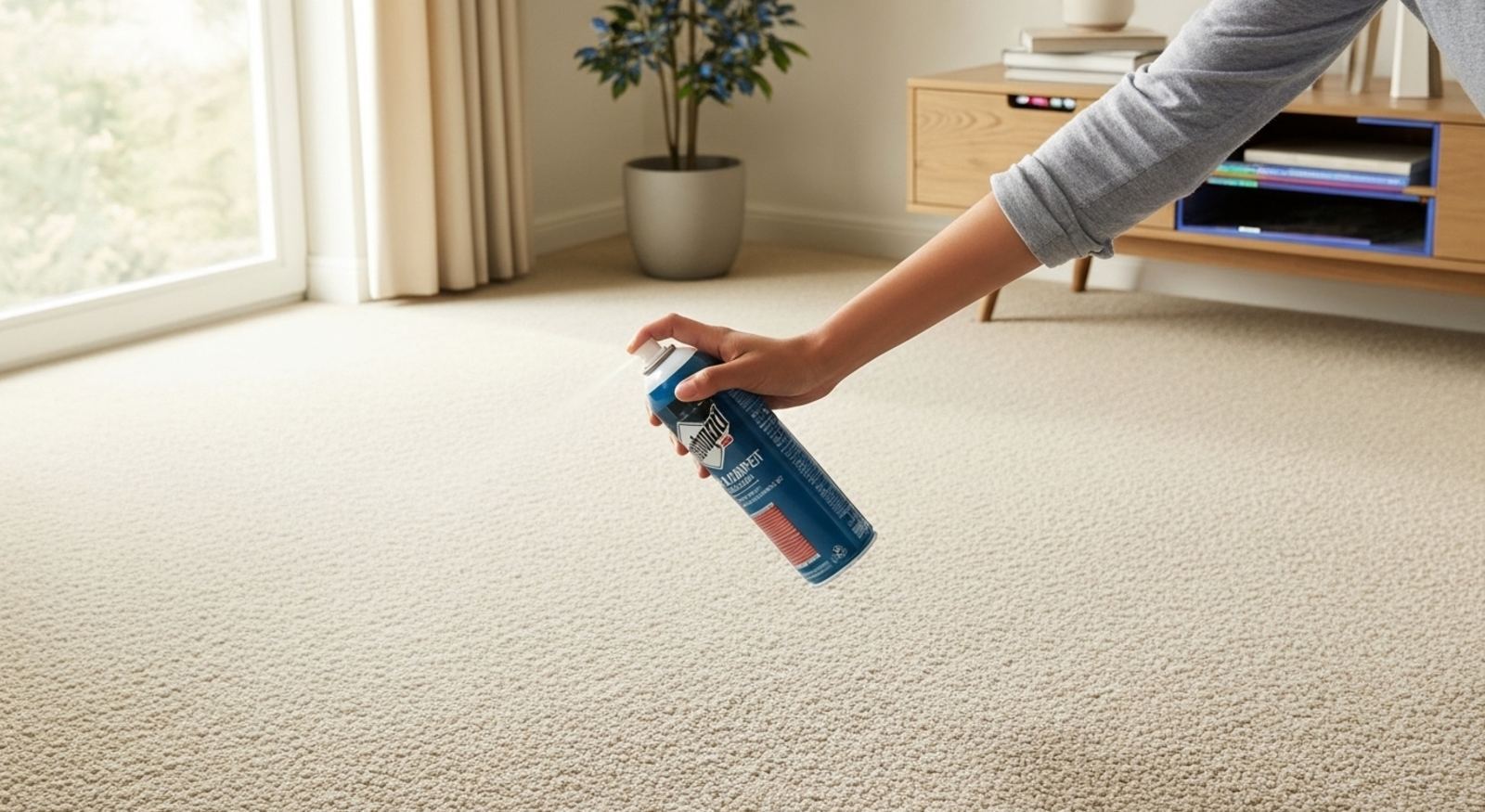 A person applying carpet protector on their carpet flooring.