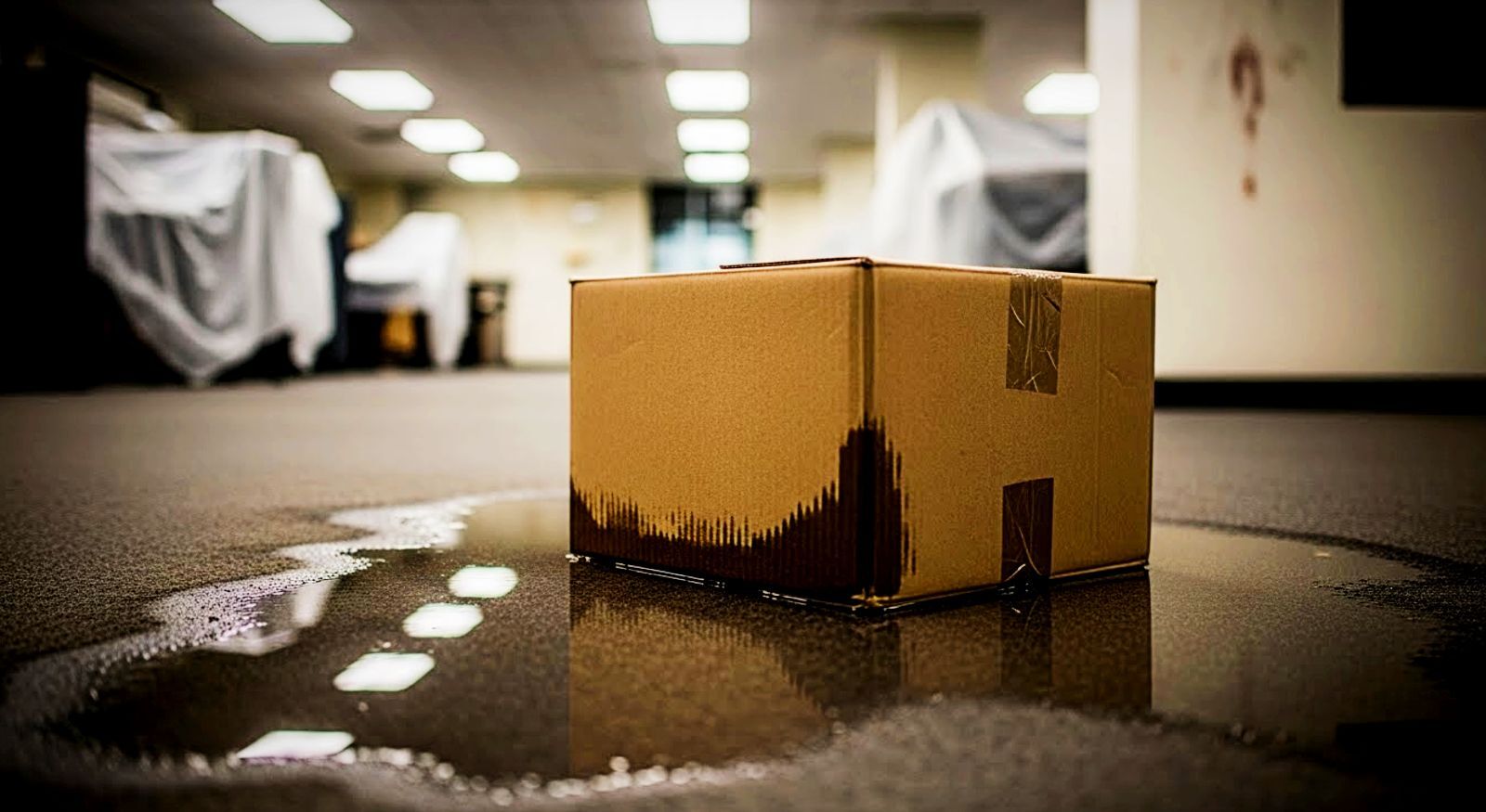 A carboard box lies on top of a puddle of water in an office.