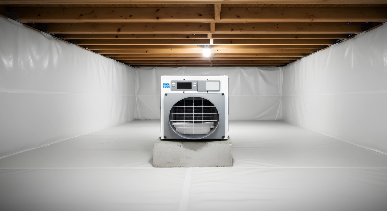 A dehumidifier in an encapsulated crawl space.