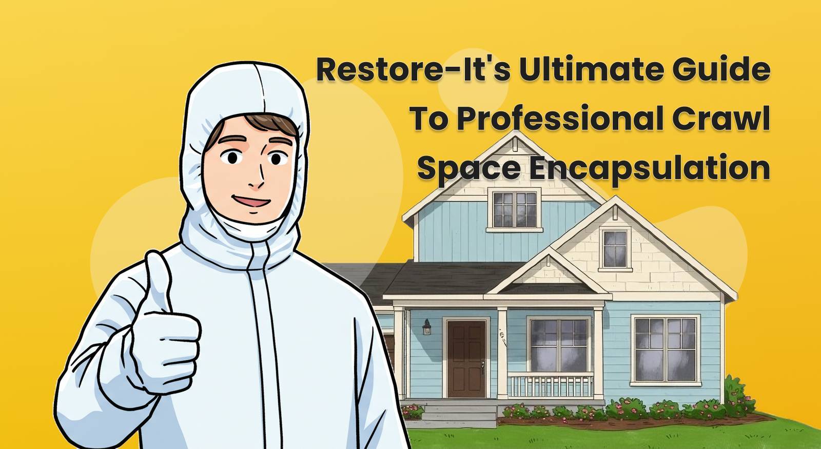 A person wearing PPE in front of a home.