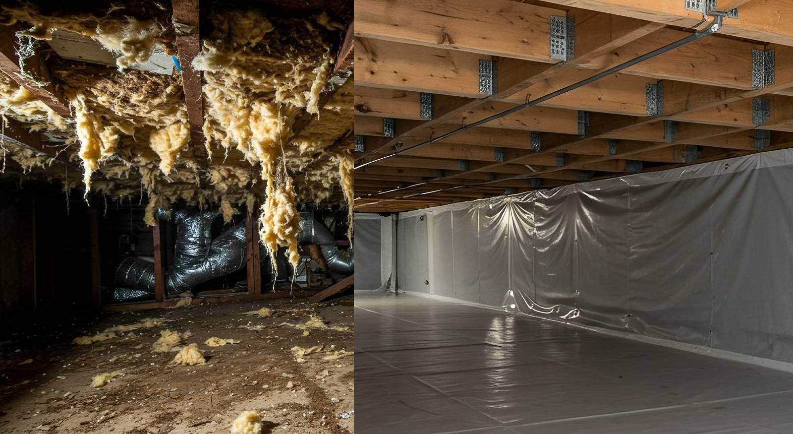 A picture of a crawl space with fiber glass insulation and after encapsulation.
