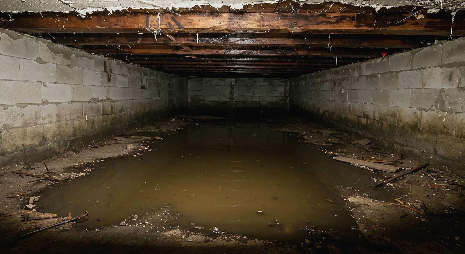 A crawl space with standing water.