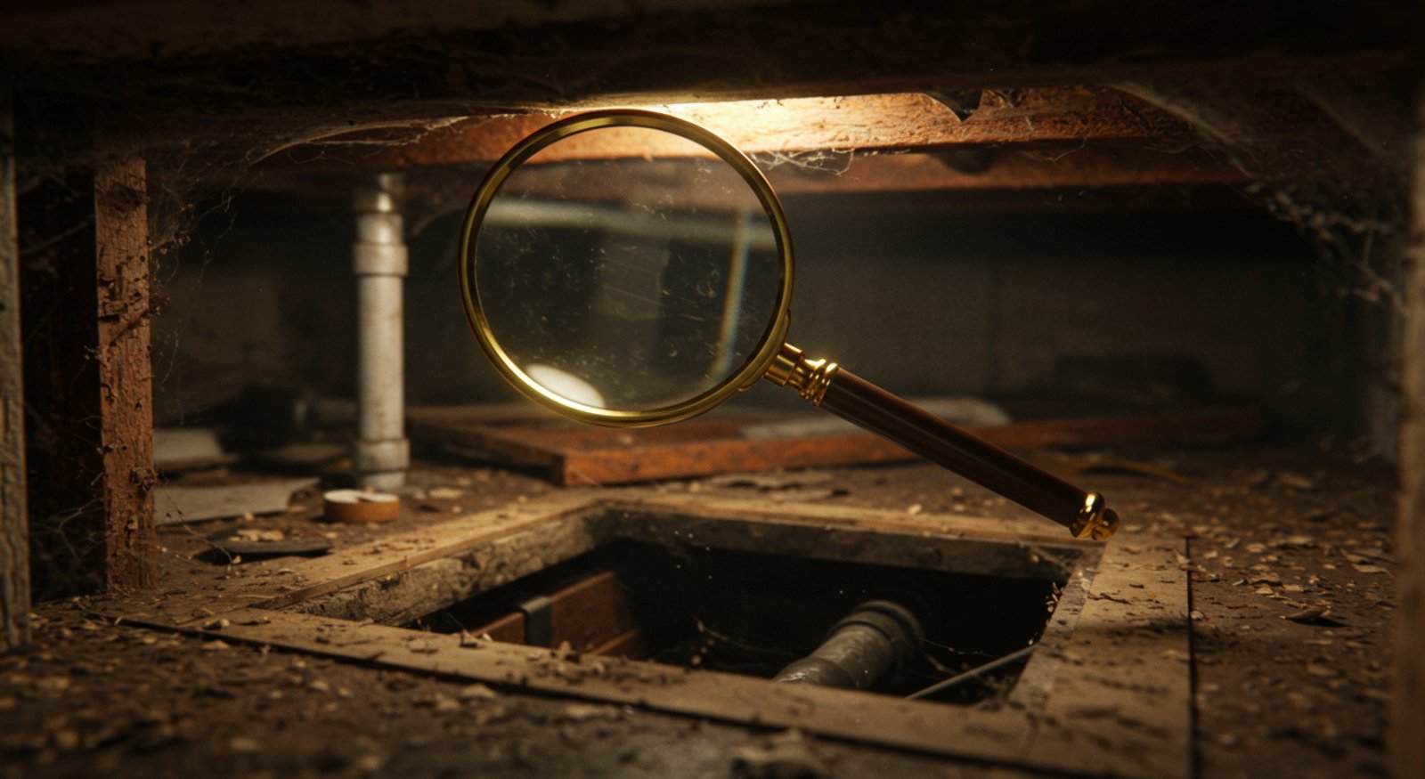 A magnifying glass on top of a crawl space.