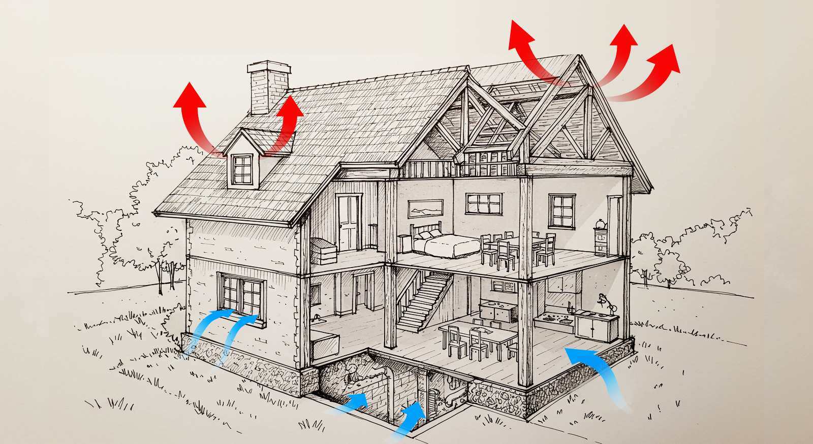 A sketch of the stack effect in a home.
