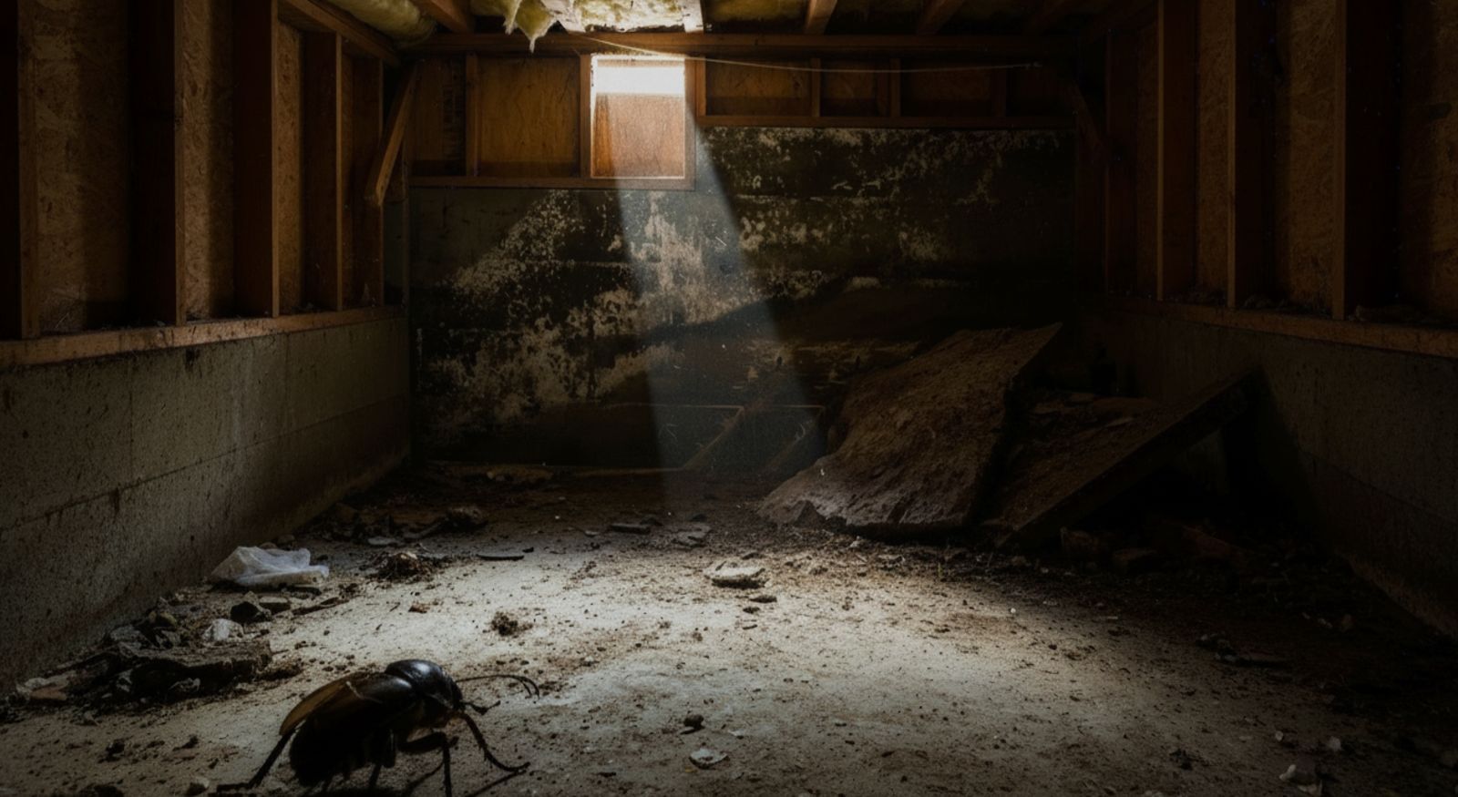 A dirty crawl space with a cockroach