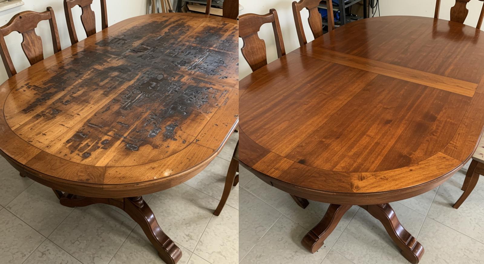 A fire-damaged table before and after being restored.