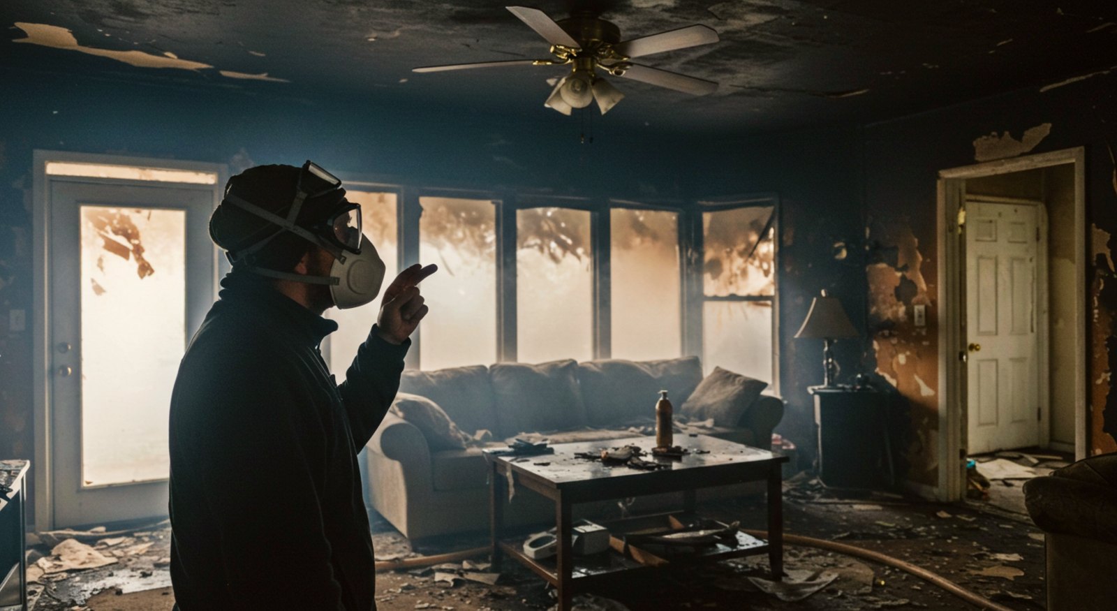 A person wearing a mask and googles pointing to the fire damage in their living room.