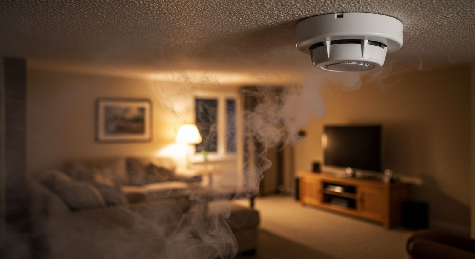 A smoke detector in a living room ceiling with smoke coming from below.