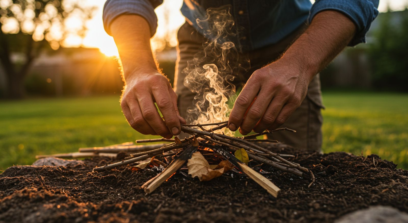 A person making a fire in their backyard.