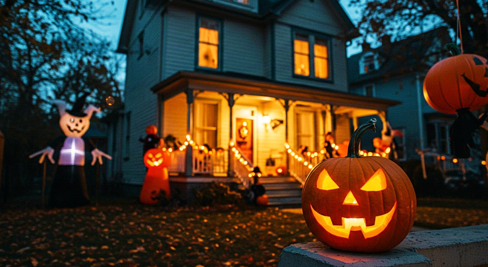 A home with Halloween decorations including a jack-o-lantern.