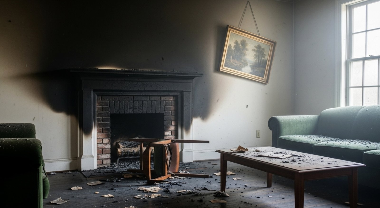 Fire damage in a living room.