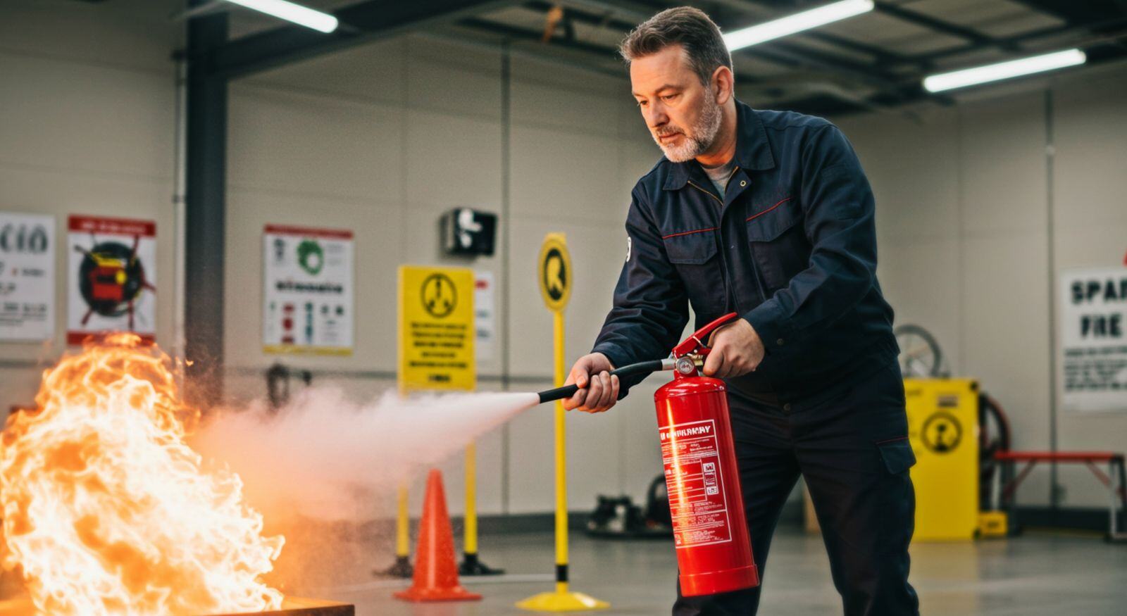A technician extinguishing a fire with a fire extinguisher.