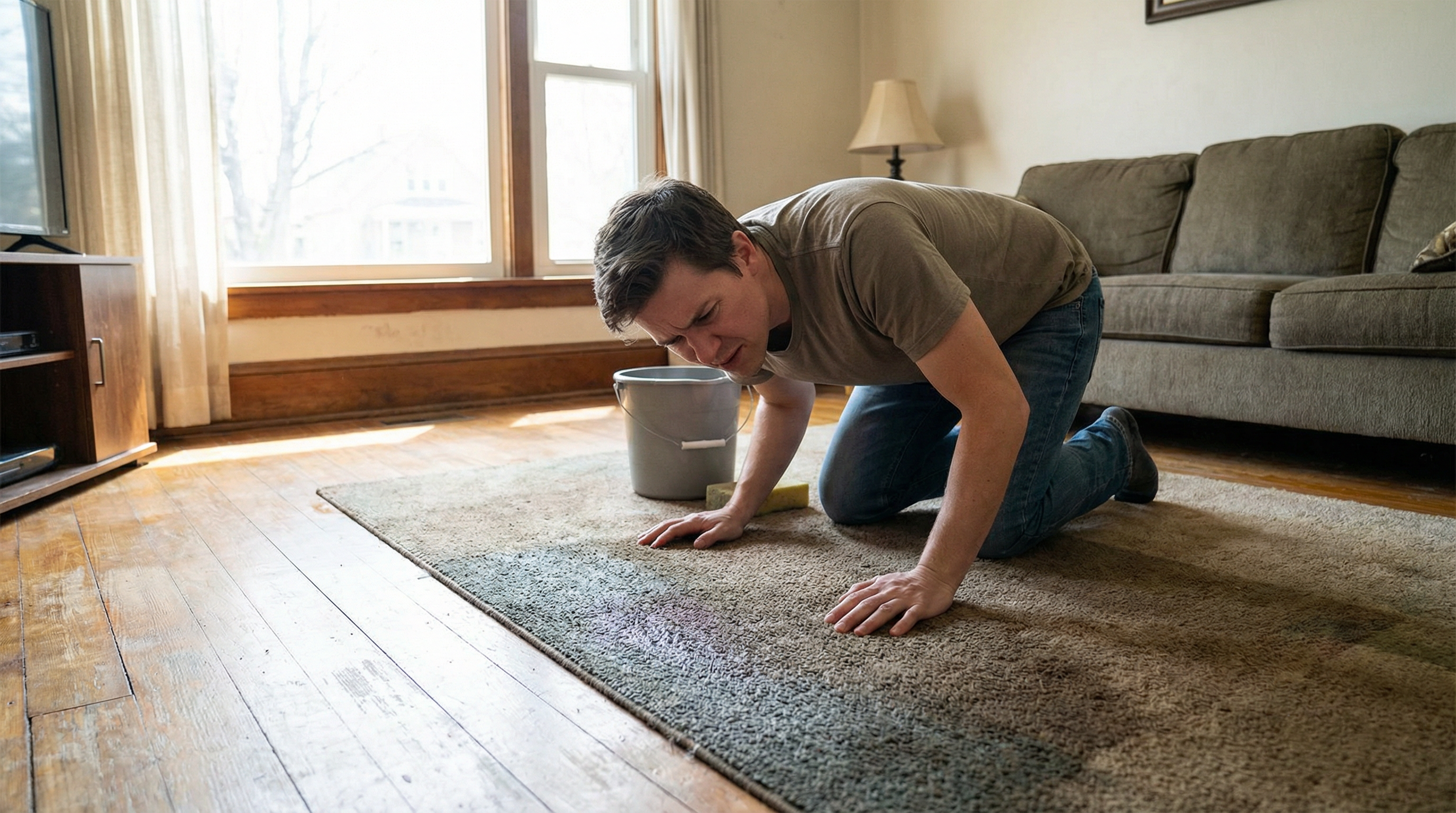 A man looking at his carpet after cleaning.