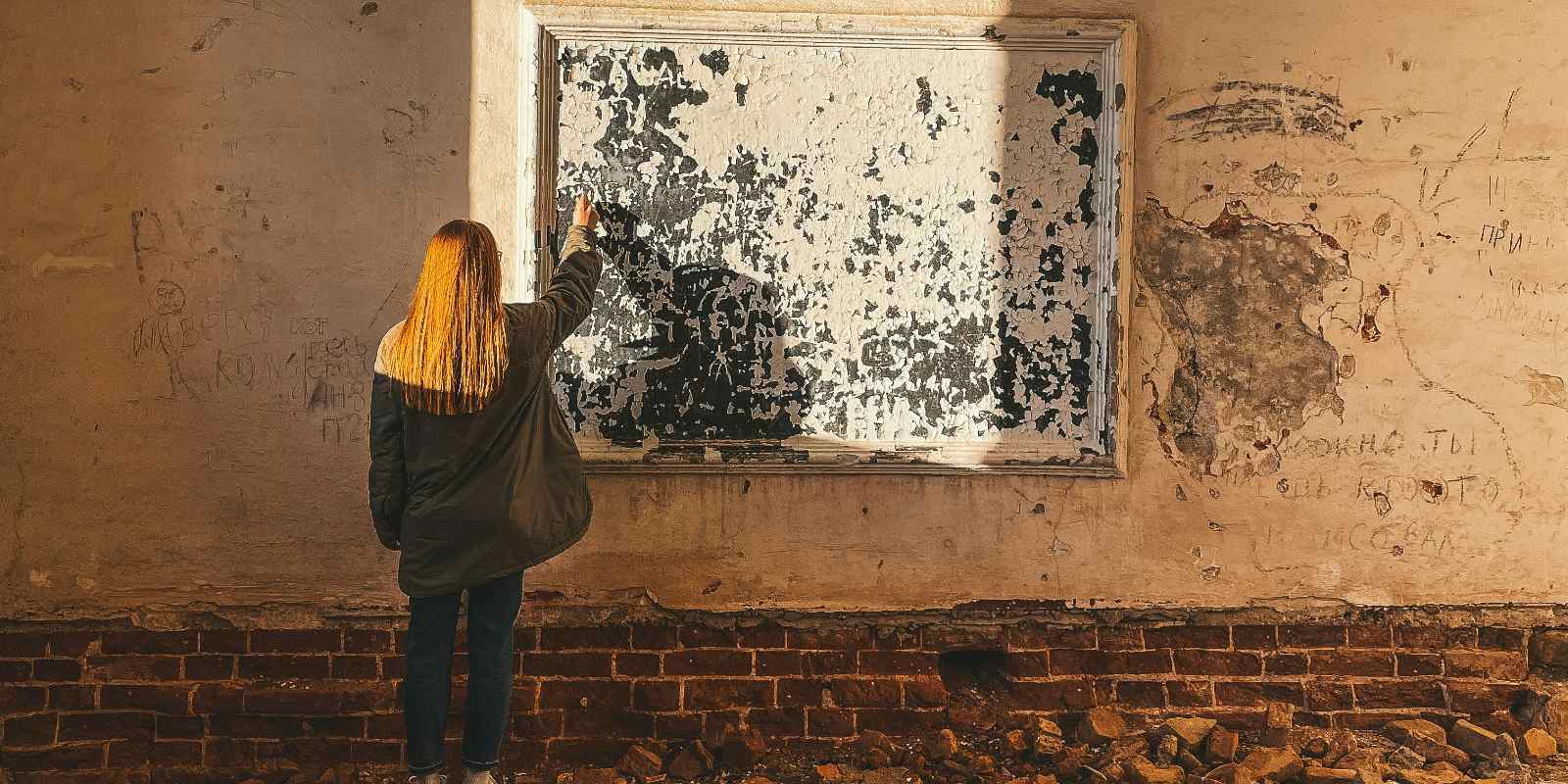 A girl standing next to mold on the wall.