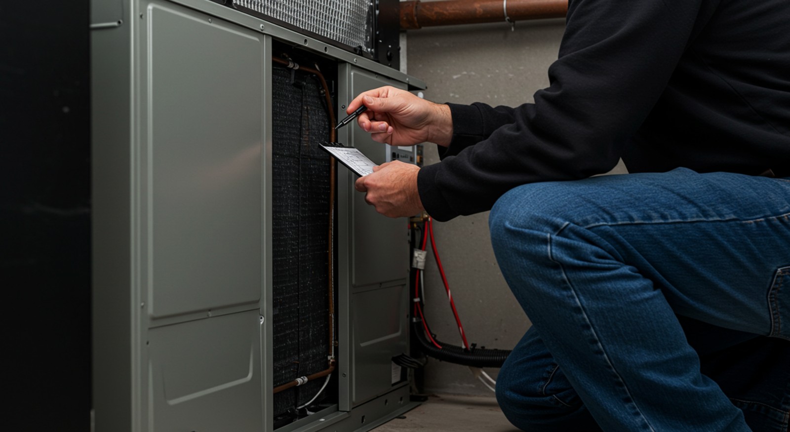 A technician inspecting an HVAC unit.