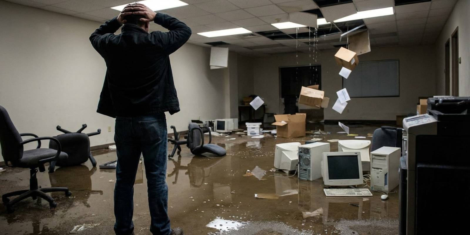 A man standing in an office building with water damage.