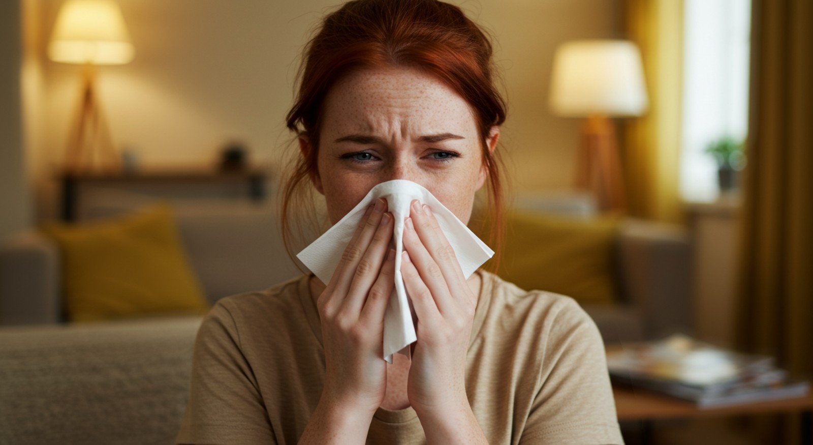 A woman blowing their nose.