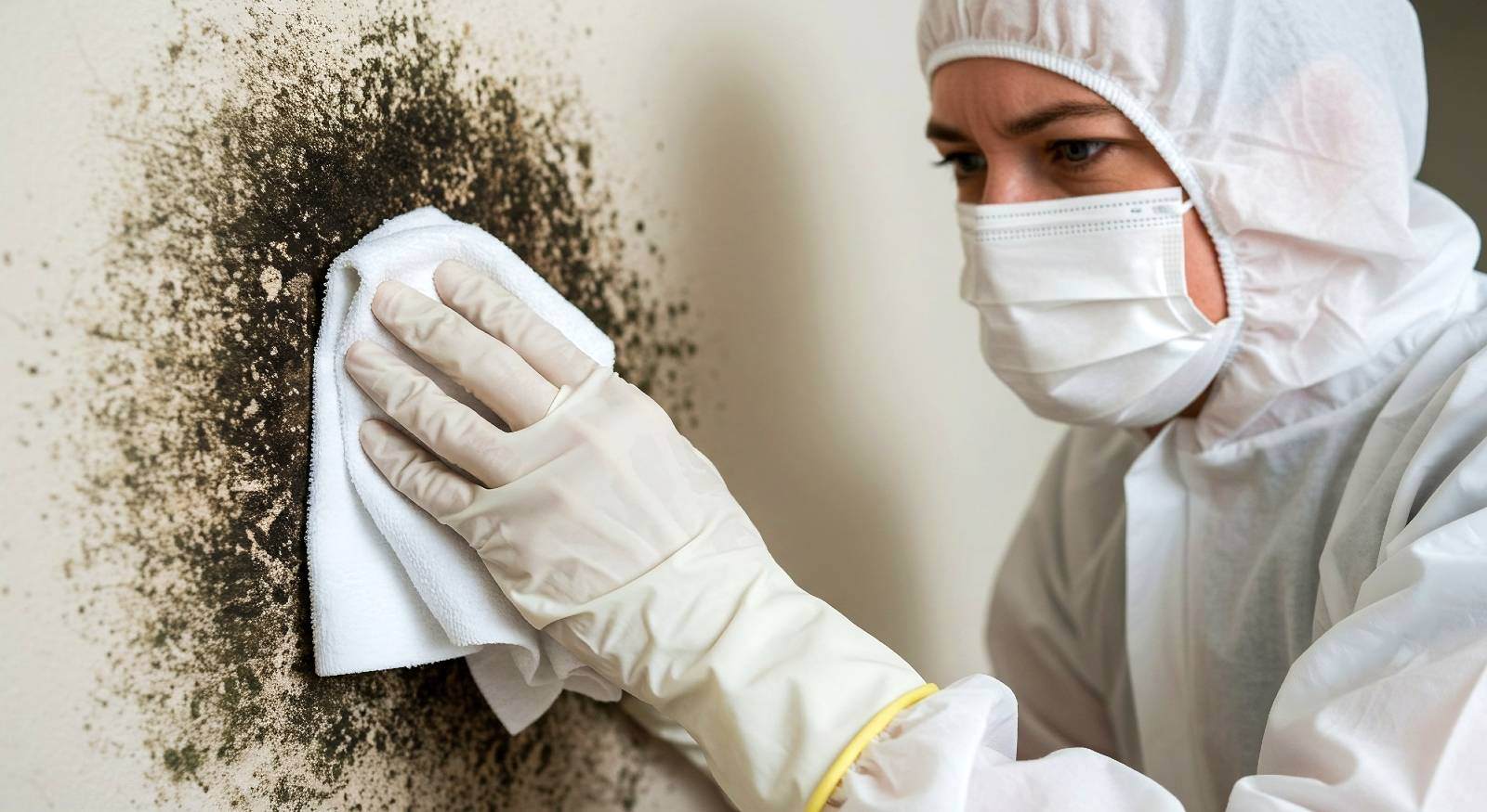 A person wearing PPE cleaning mold from a wall.