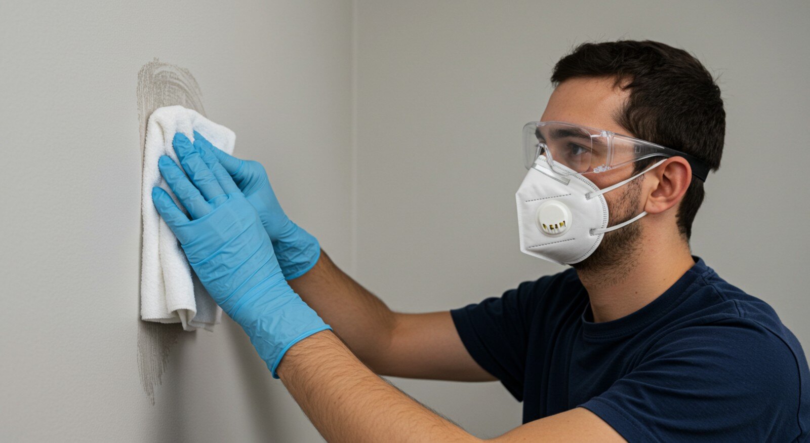 A person wearing safety gear removing mold from a wall.