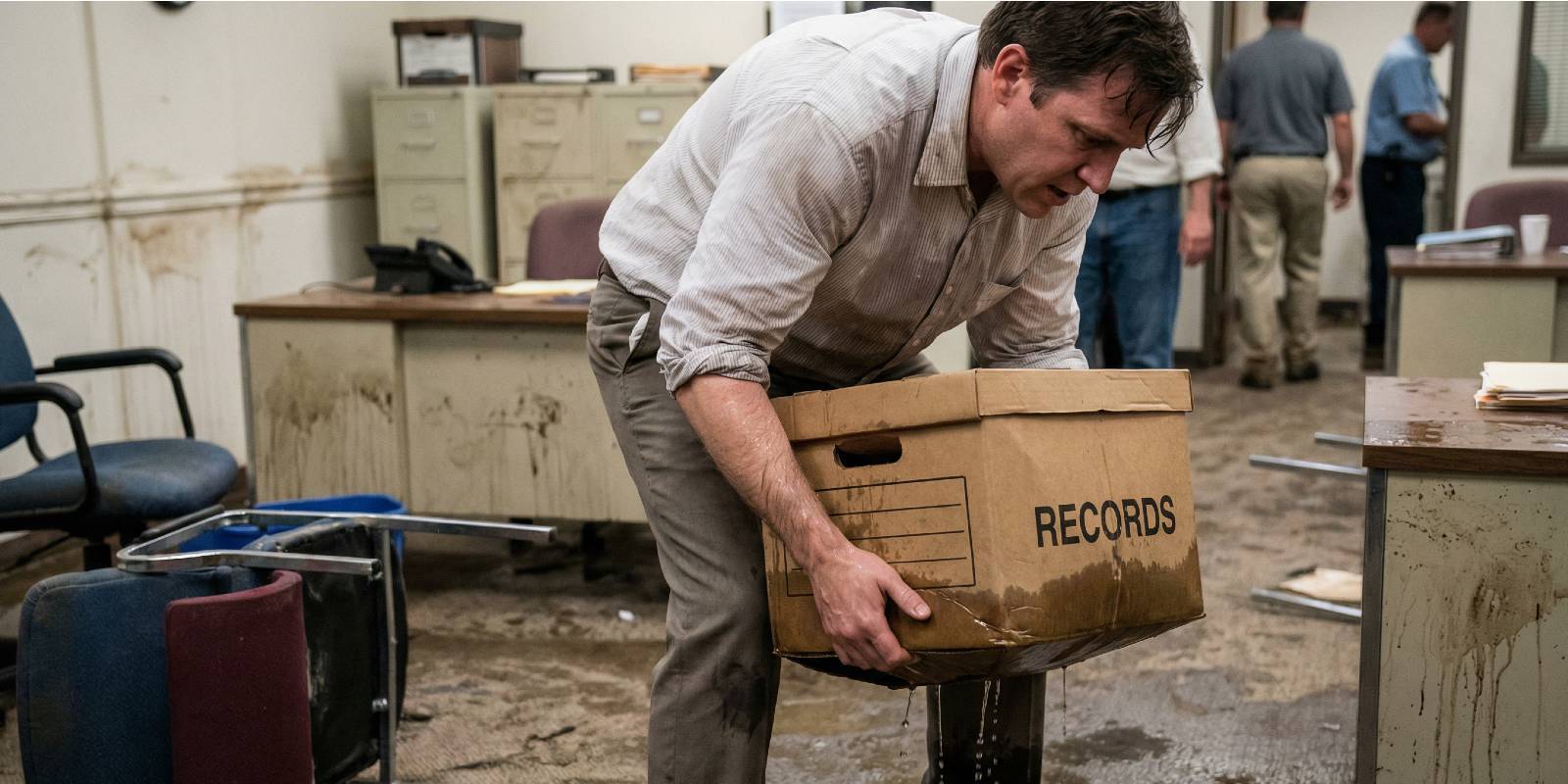 A man carrying a box of records after a business flood.