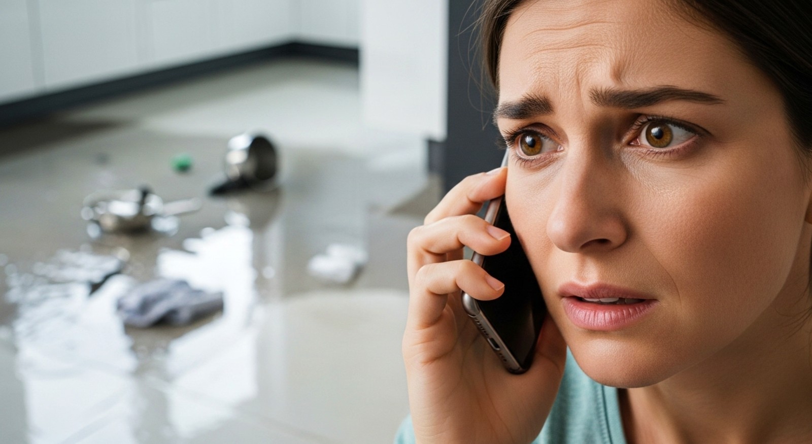 A woman talking on the phone while there is a water leak in her kitchen.