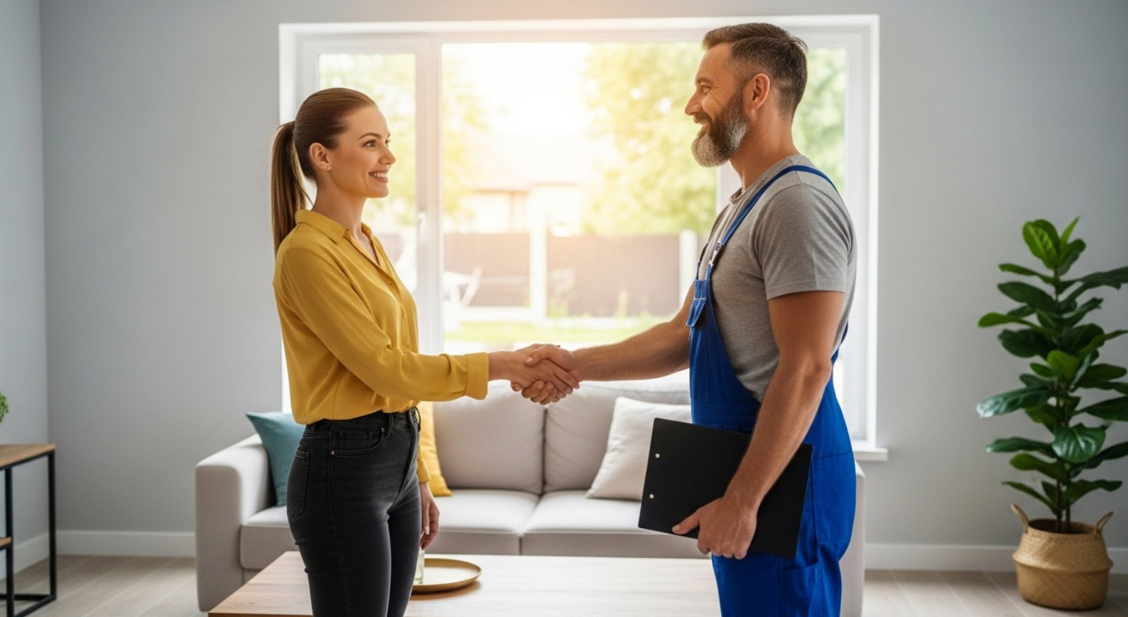 A homeowner shaking the hand of a contractor