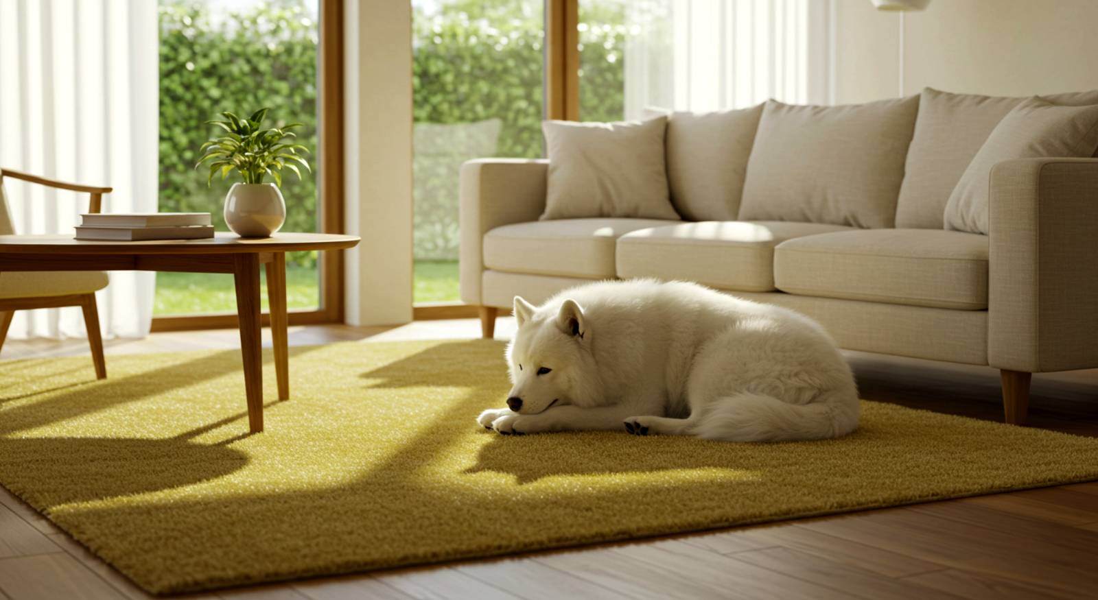 A dog resting on top of a yellow rug.