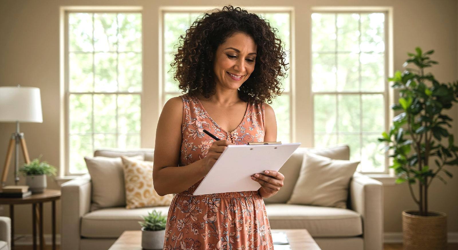 A woman looking at a checklist.