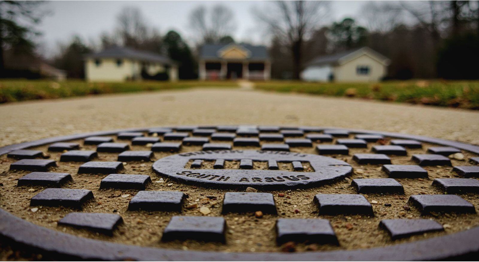 A sewer cover in the middle of a street in South Arkansas.