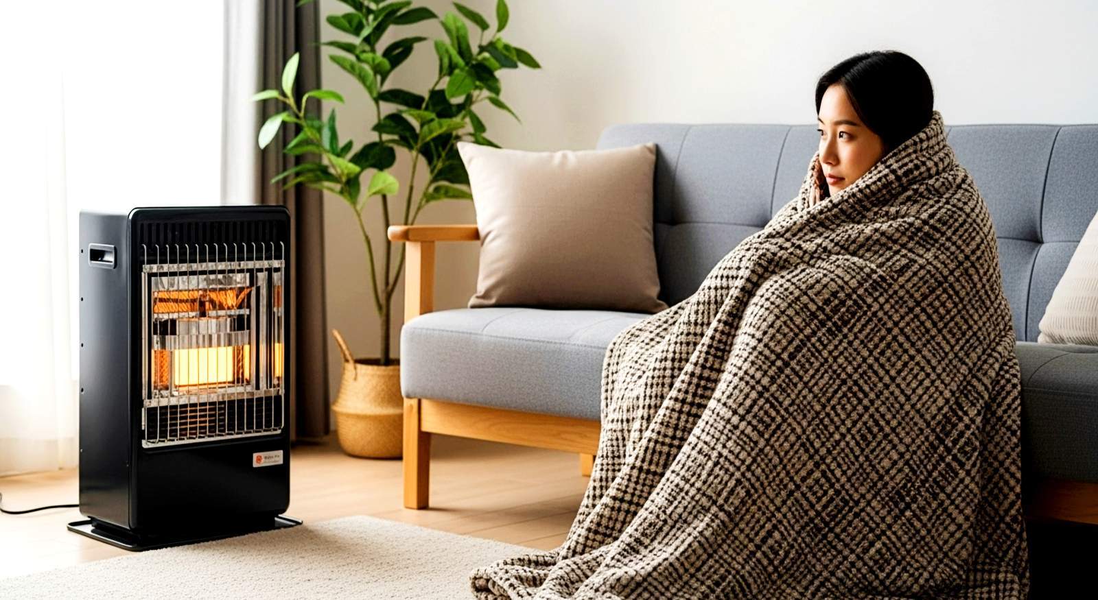 A woman with a blanket next to a space heater.