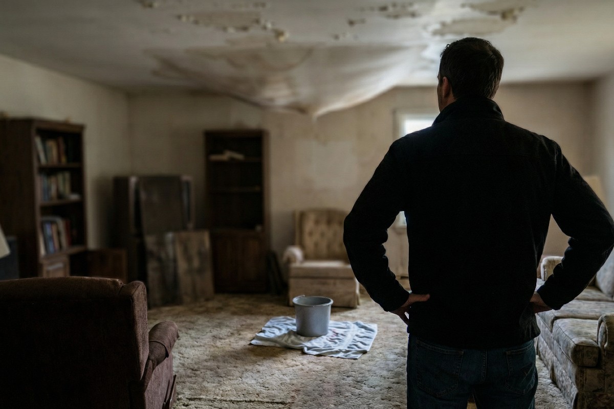 A person standing in his living room with water damage.