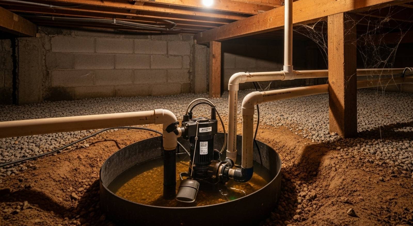 A sump pump in a crawl space.
