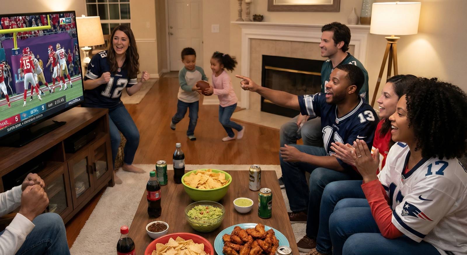 A grouple of people watching Super Bowl with kids in the background.