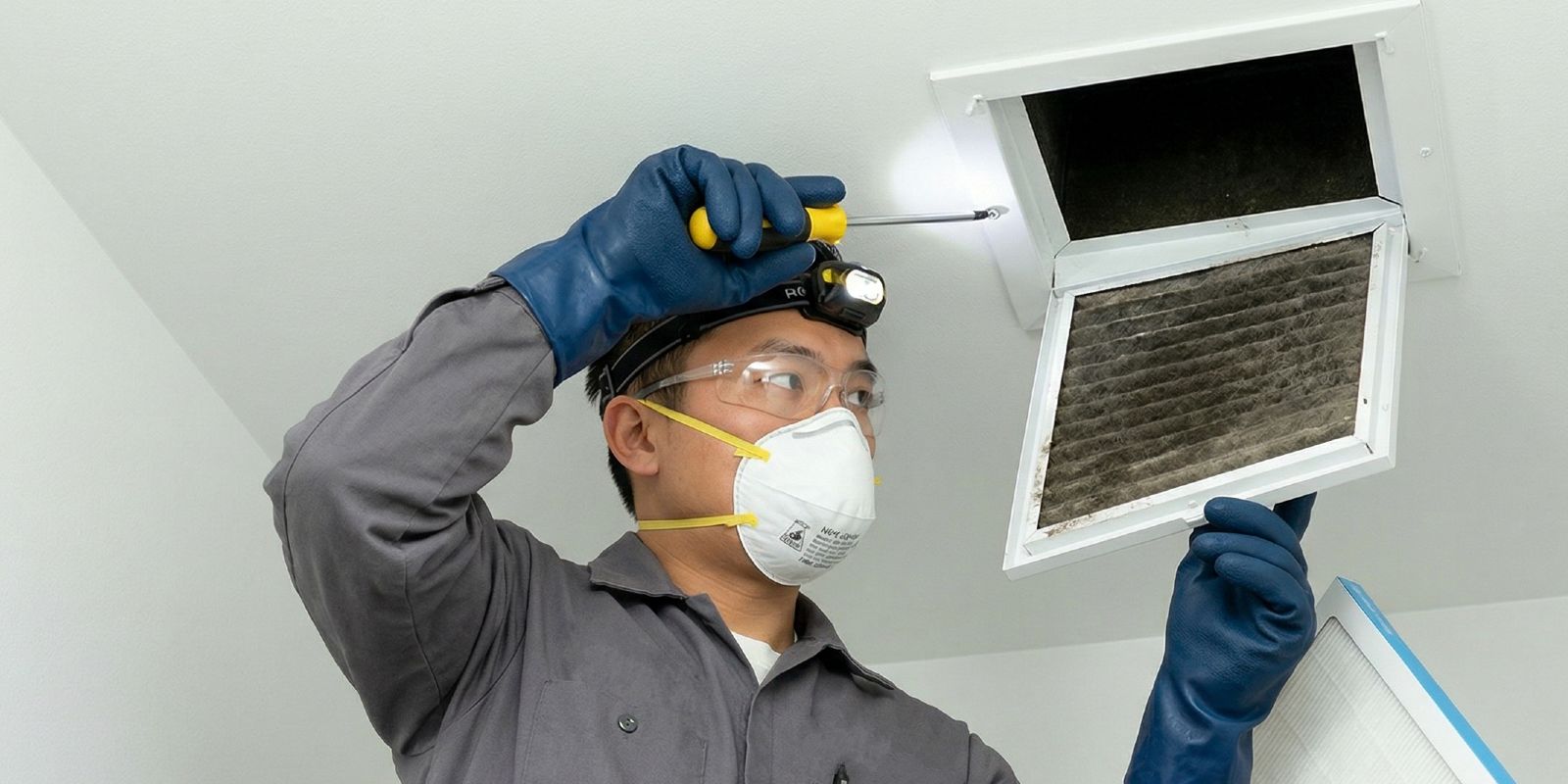 A technician cleaning an air duct