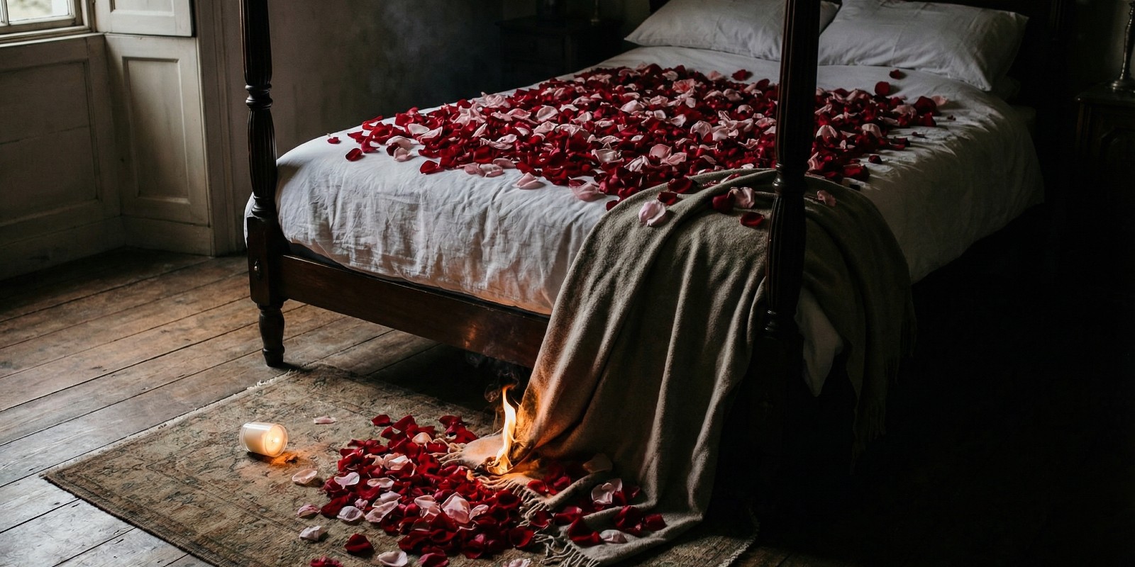 A bed decorated with rose petals for Valentine's Day catching on fire.