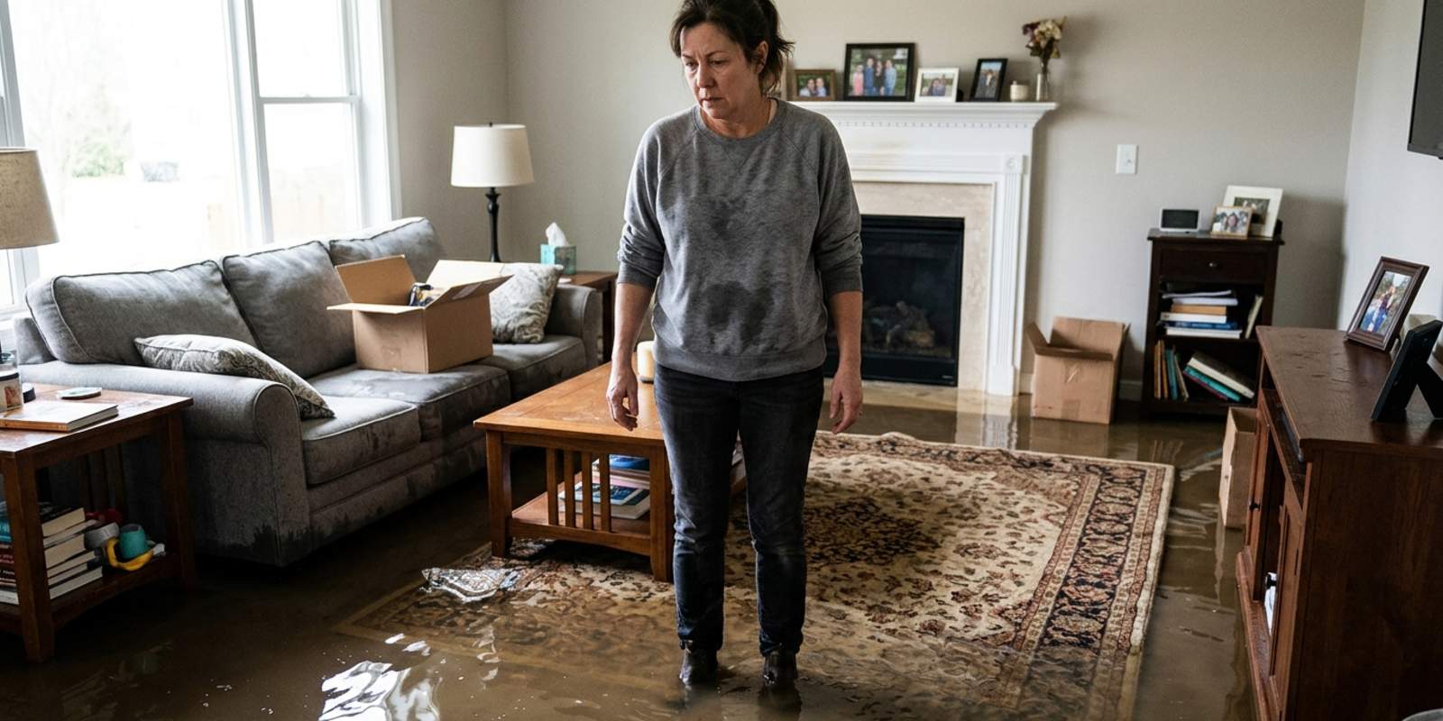 A woman in her water damaged living room.