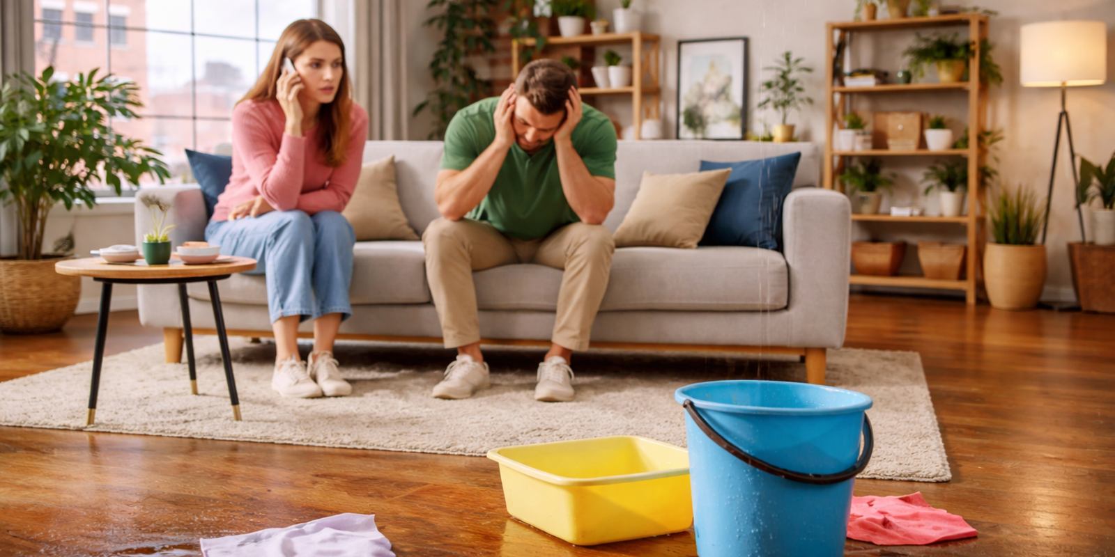 Couple worried about water damage in their home.