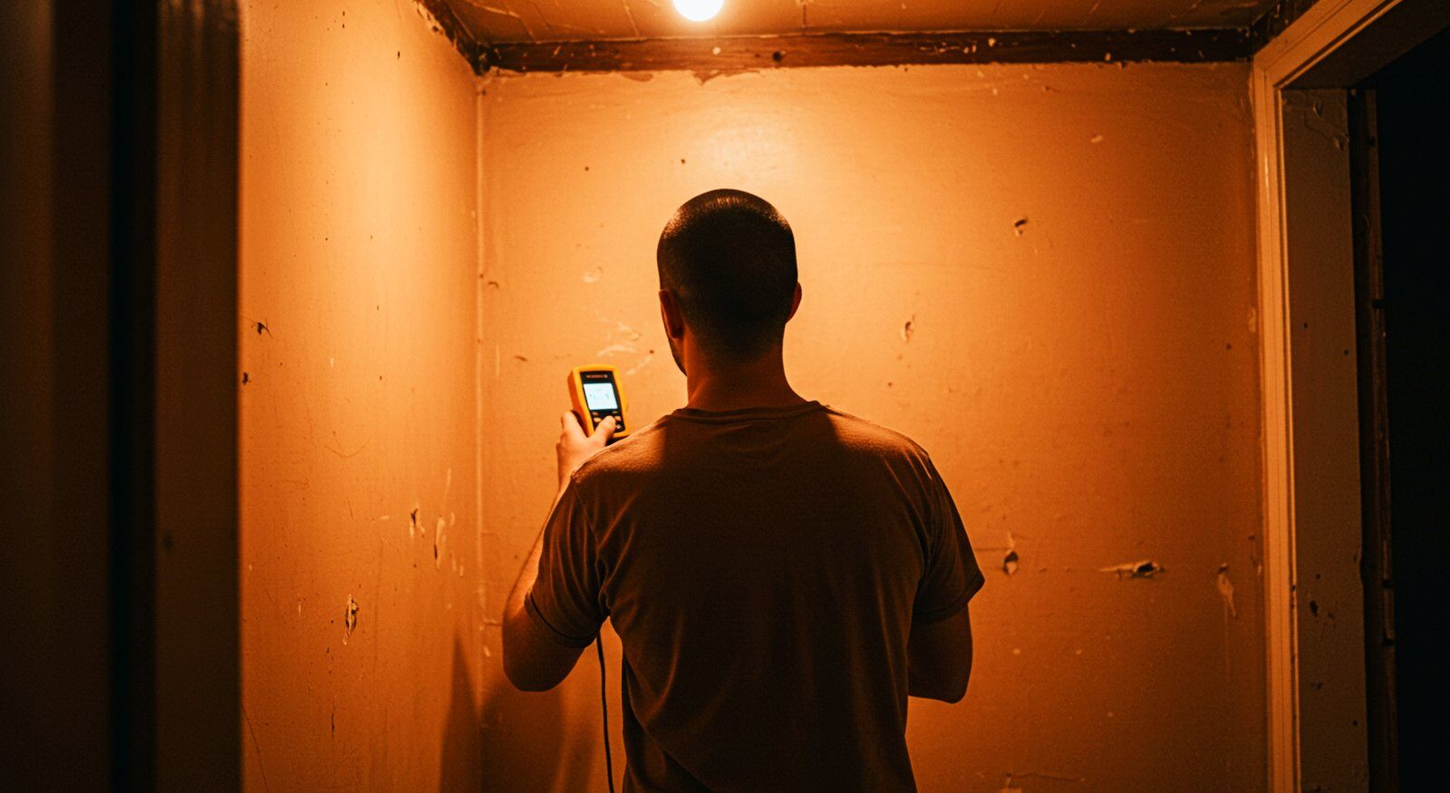 A person taking measures with a moisture meter.