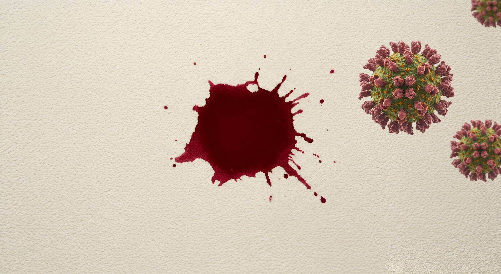 A carpet with a blood stain and viruses in close-up.